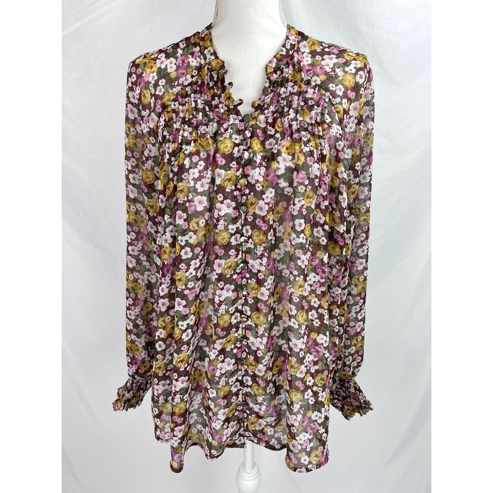 Torrid Crinkle Chiffon Smocked Blouse Size 1 Floral Long Sleeve Semi-Sheer
